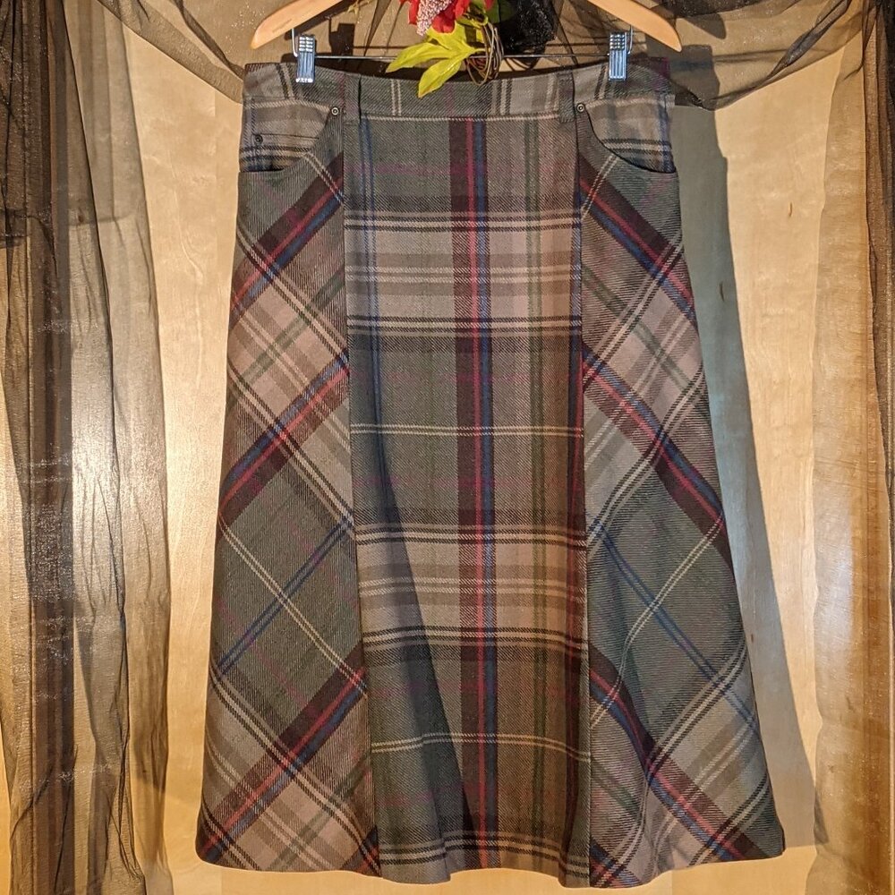 Liz Claiborne Green Red Brown Blue A-Line Plaid Wool Vintage Skirt _Size 14